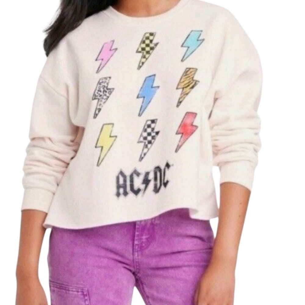 AC DC sweatshirt, fleece lined,off white w/pastel lettering,unfinished hem XL/1X
